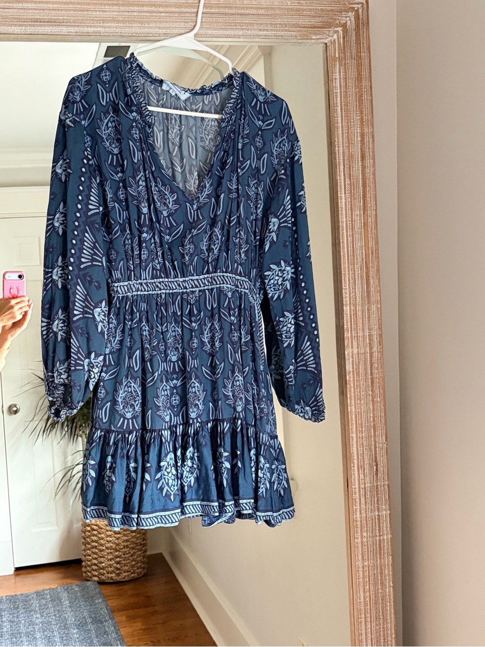 Omika Navy Blue Printed Mini Dress Size Small Long Sleeve Boho